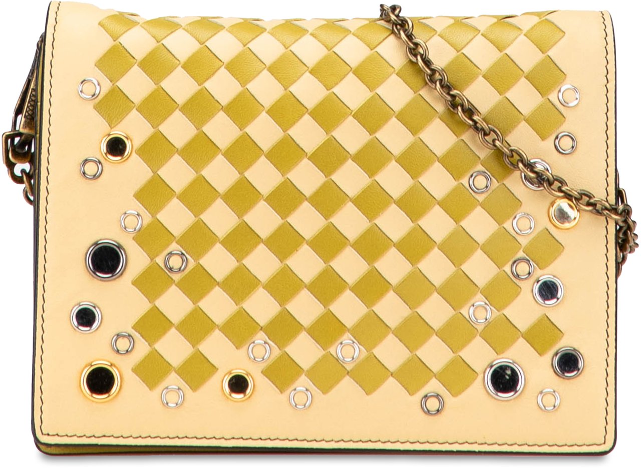 Bottega Veneta Nappa Intrecciato Studded Wallet on Chain Geel