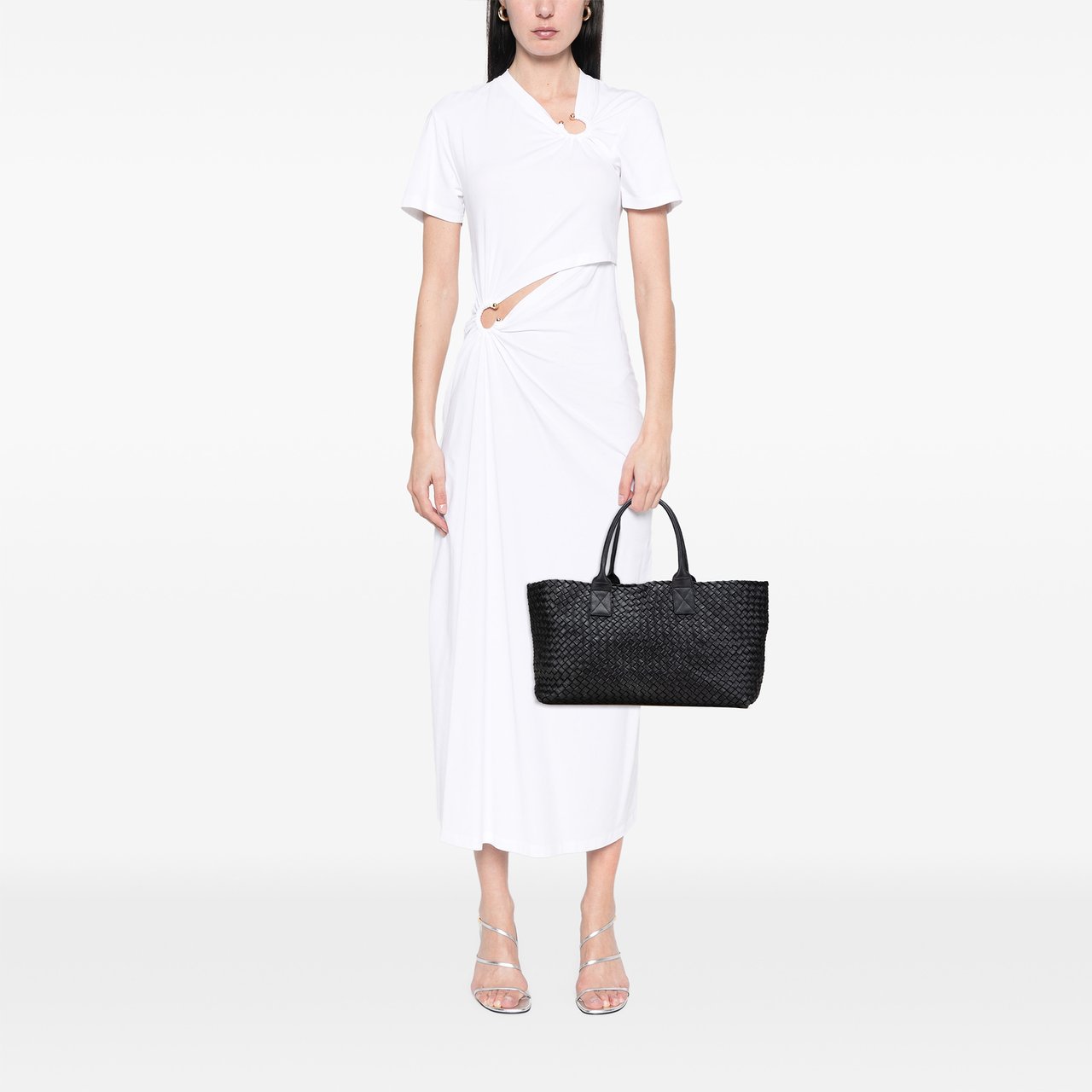 Bottega Veneta Medium Lambskin Intreccio Cabat Tote Zwart