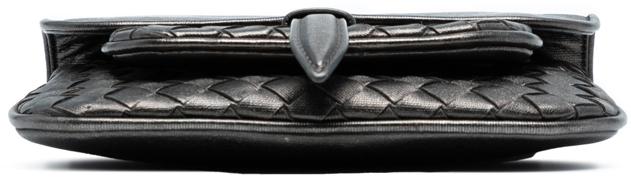 Bottega Veneta Mini Metallic Nappa Intrecciato Chain Flap Crossbody Grijs