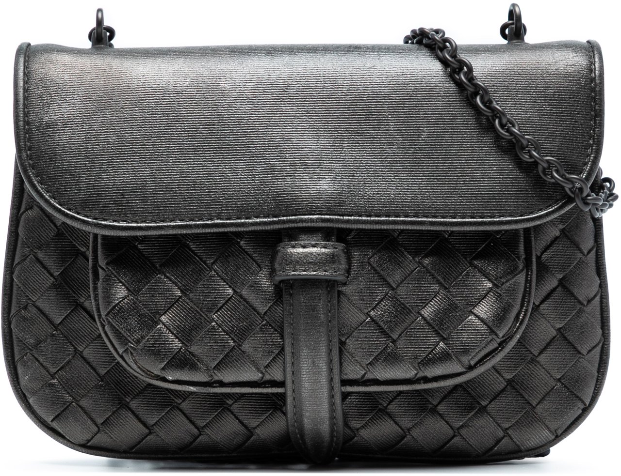 Bottega Veneta Mini Metallic Nappa Intrecciato Chain Flap Crossbody Grijs