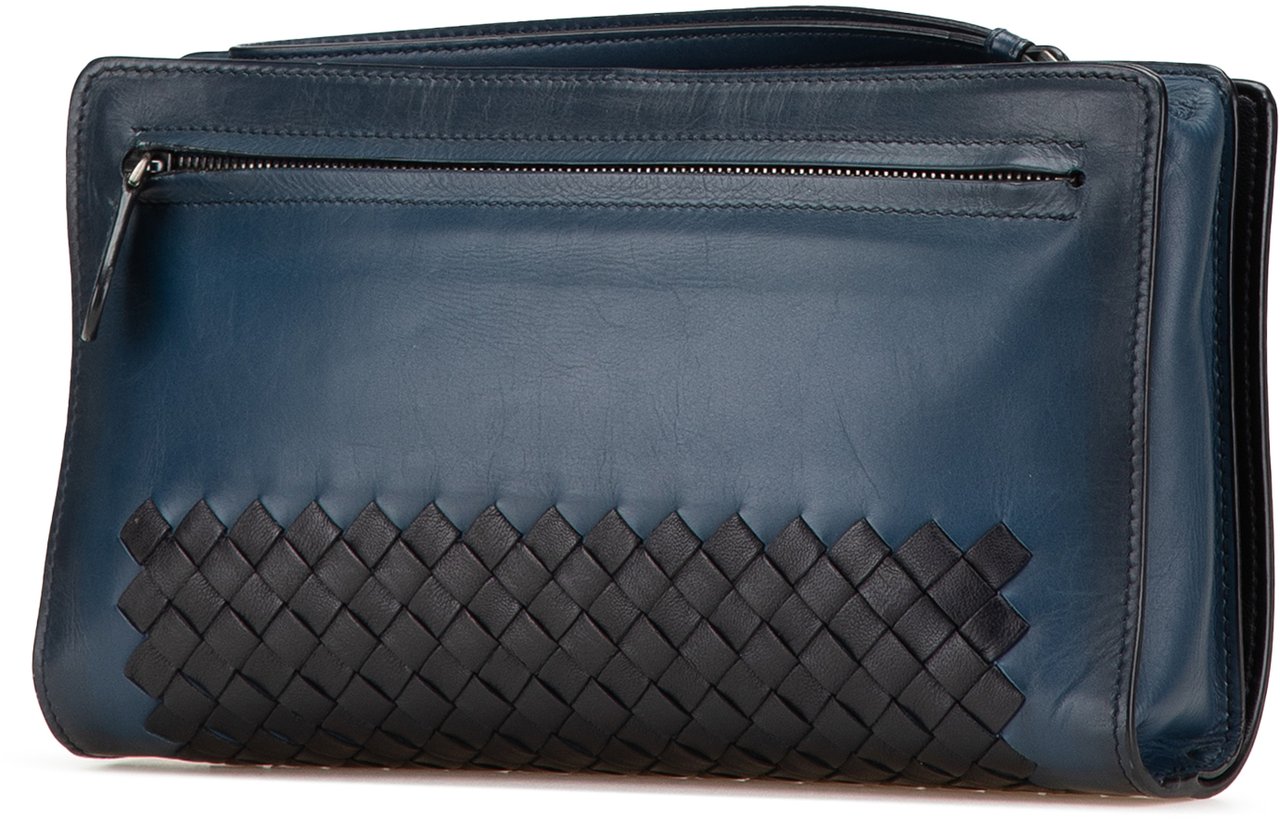 Bottega Veneta Intrecciato Trimmed Nappa Wristlet Clutch Blauw