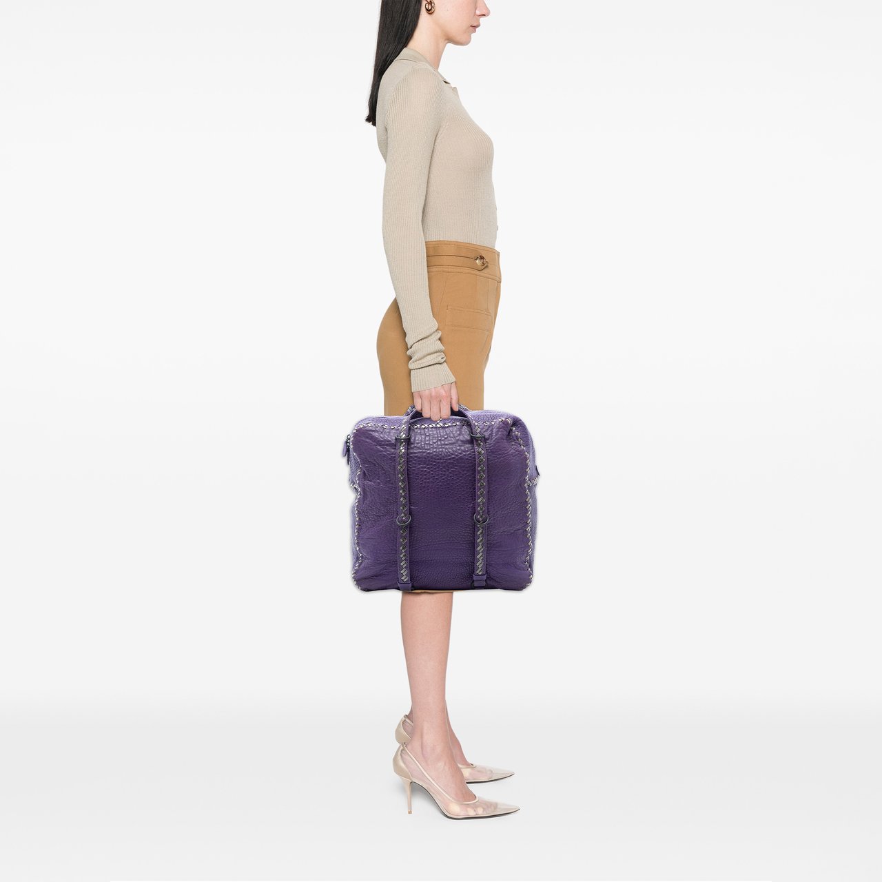 Bottega Veneta Intrecciato Trimmed Leather Handbag Paars