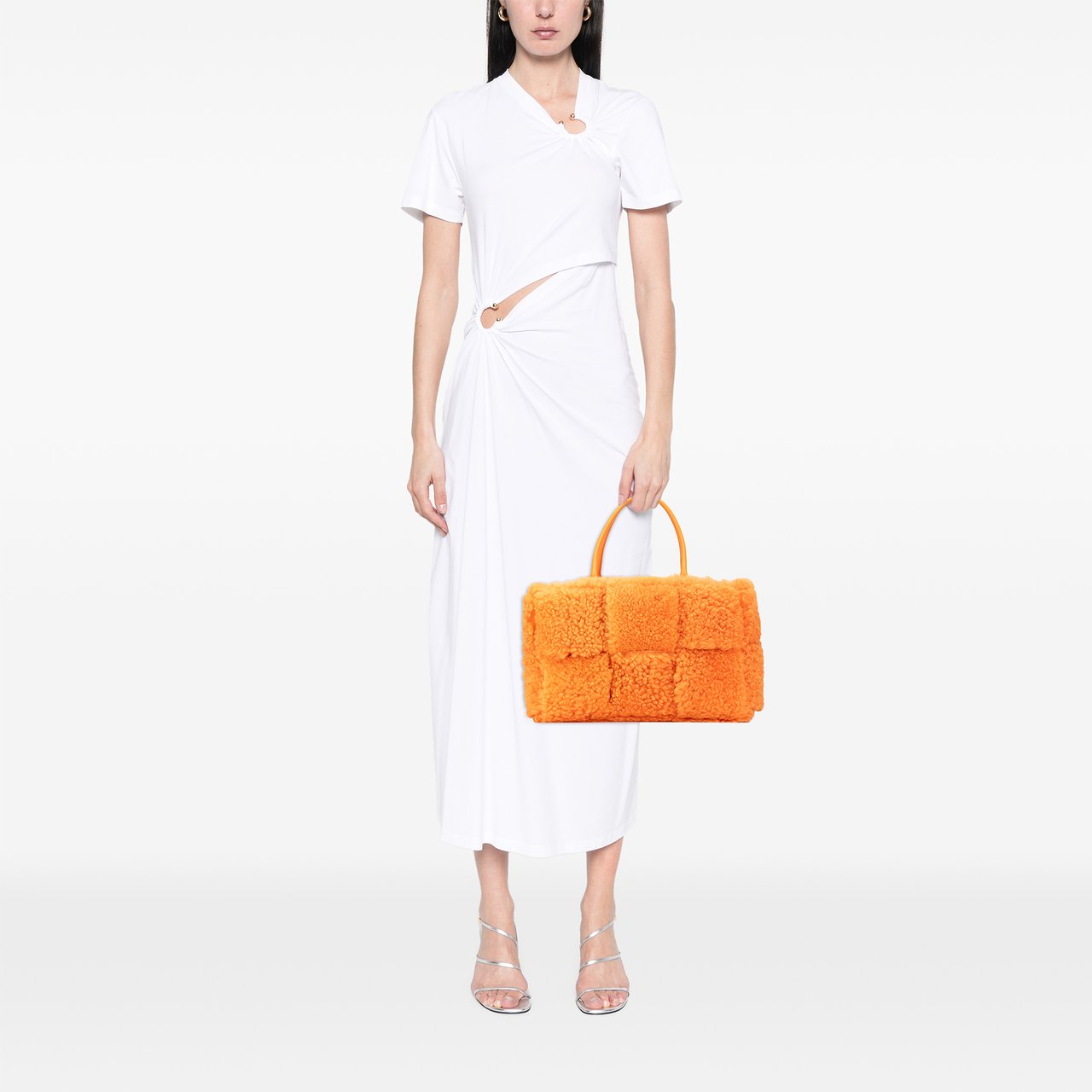 Bottega Veneta Small Shearling Intrecciato Arco Tote Oranje