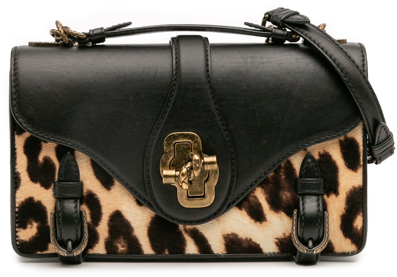 Bottega Veneta Calfskin and Leopard Print Pony Hair City Knot Shoulder Bag Zwart