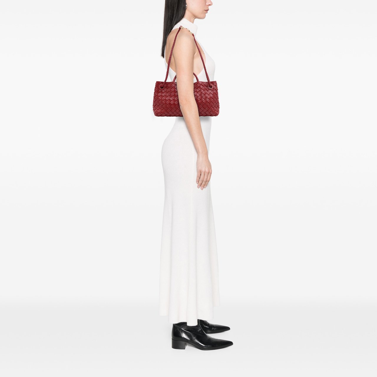 Bottega Veneta Lambskin Intrecciato East West Andiamo Top Handle Bag Rood