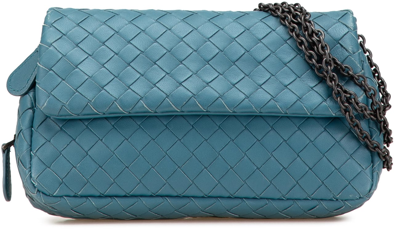 Bottega Veneta Mini Nappa Intrecciato Expandable Chain Crossbody Blauw