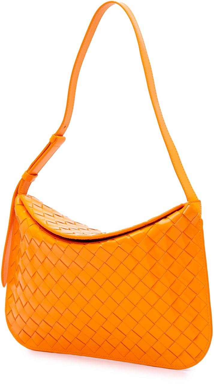 Bottega Veneta Brushed Calfskin Intrecciato Cradle Fold Over Shoulder Bag Oranje