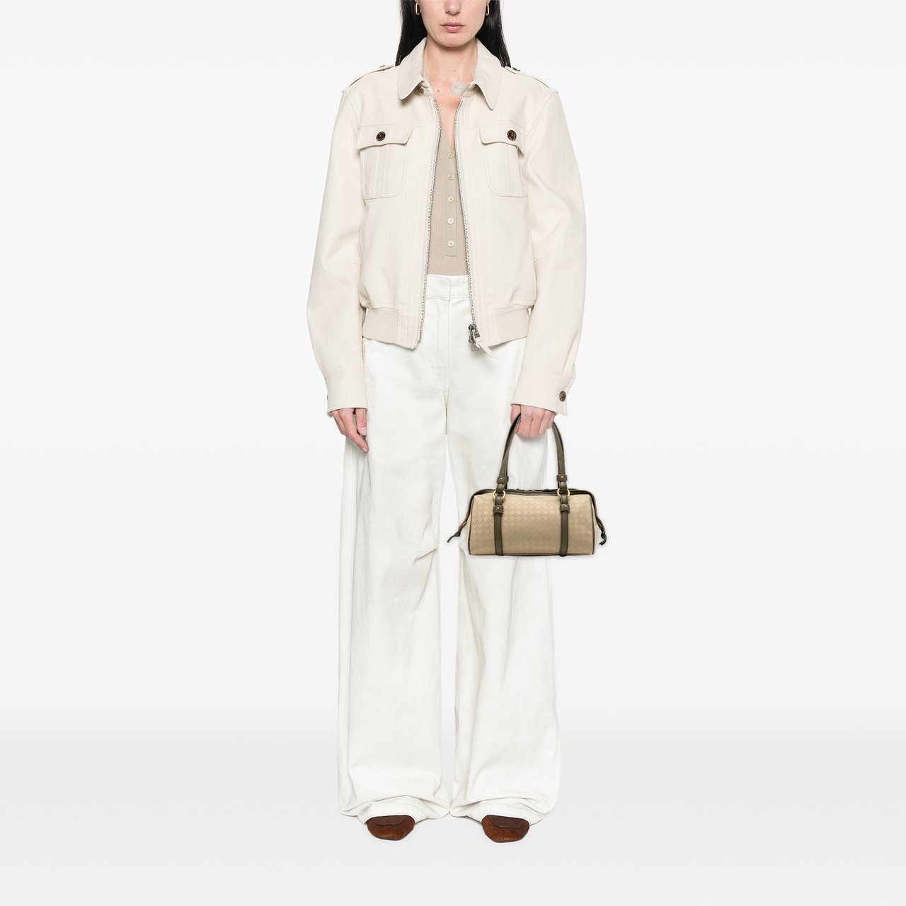 Bottega Veneta Leather Trimmed Satin Intrecciato Boston Bag Bruin