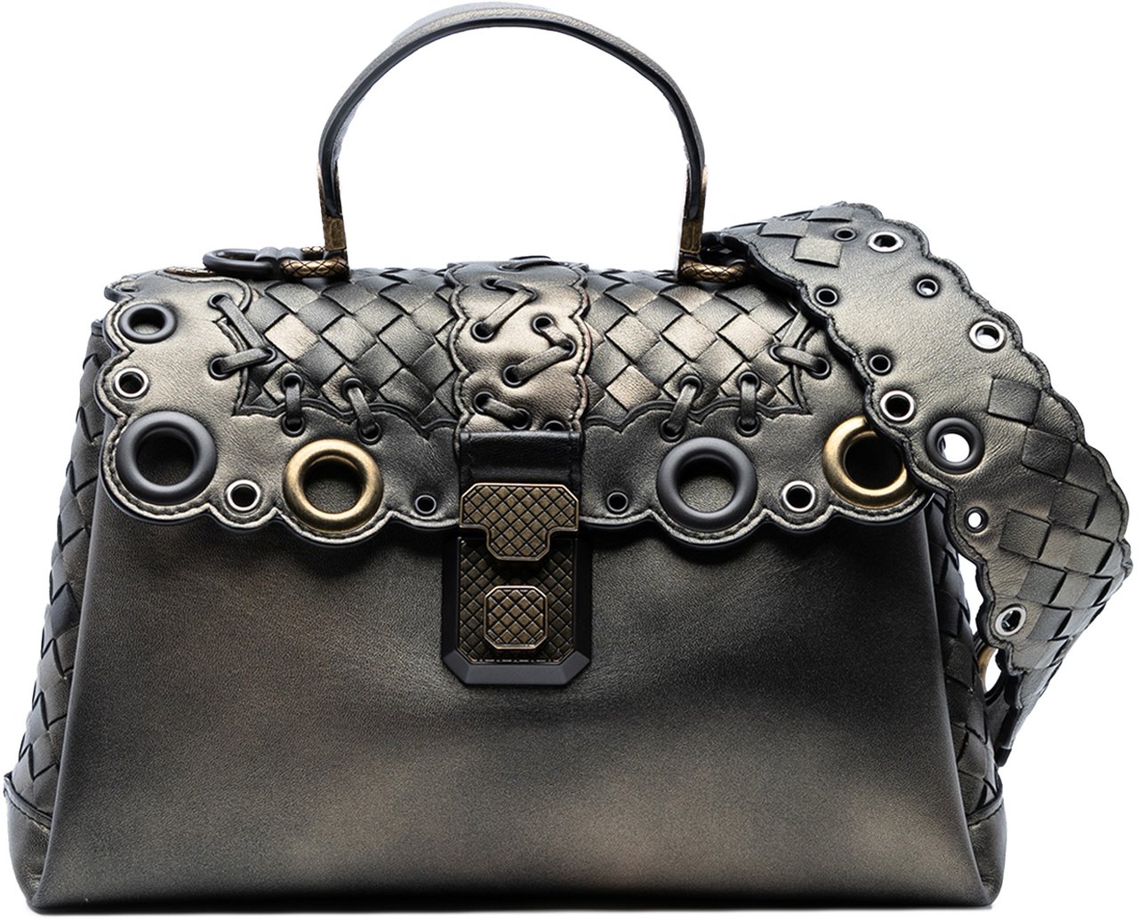 Bottega Veneta Small Intrecciato Trimmed Metallic Nappa Grommet Piazza Satchel Bruin