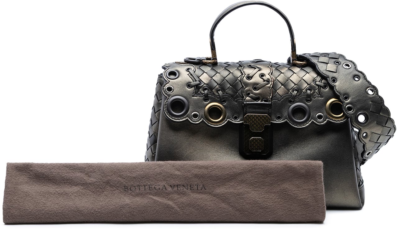 Bottega Veneta Small Intrecciato Trimmed Metallic Nappa Grommet Piazza Satchel Bruin