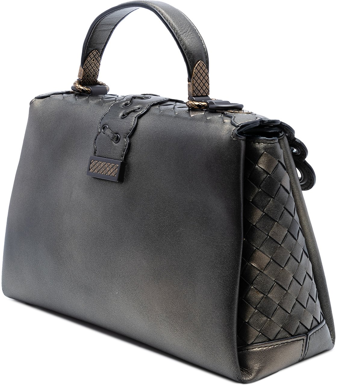 Bottega Veneta Small Intrecciato Trimmed Metallic Nappa Grommet Piazza Satchel Bruin