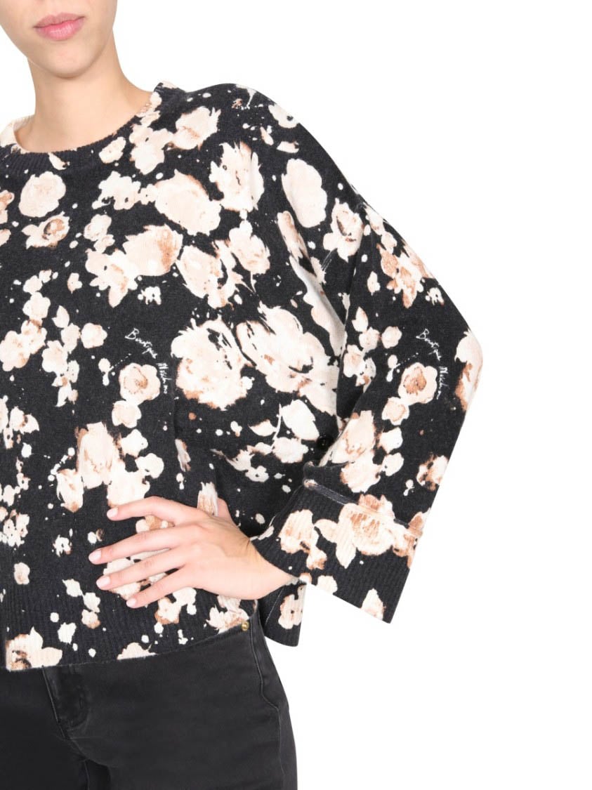 Boutique Moschino Relaxed Fit Floral Patterned Wool Mix Sweater Zwart