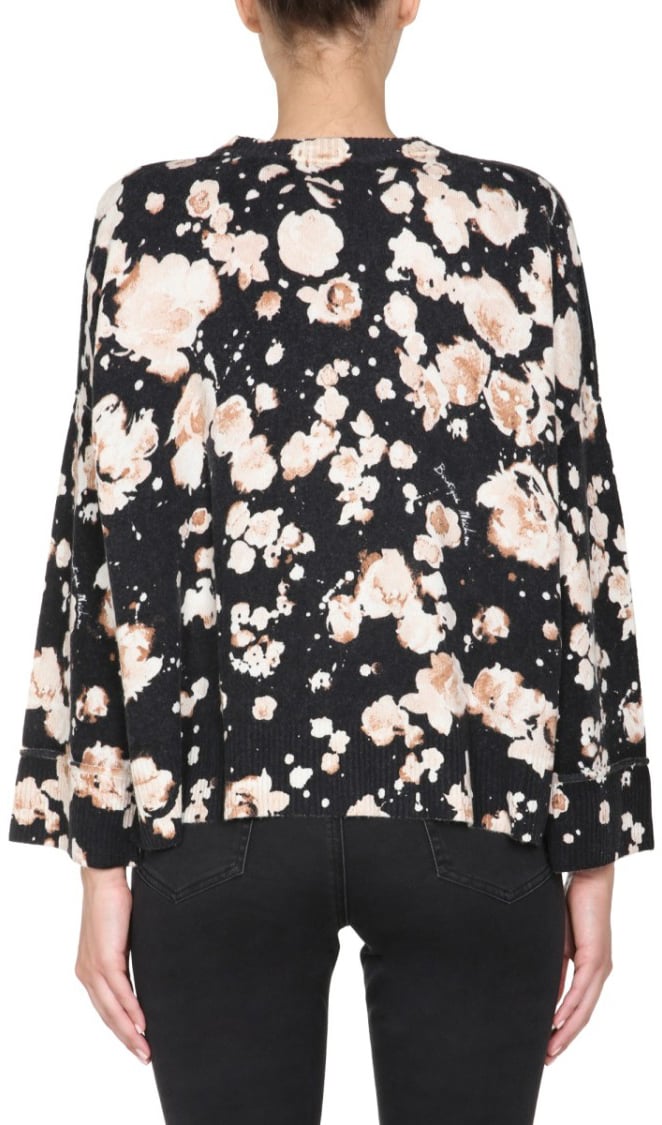 Boutique Moschino Relaxed Fit Floral Patterned Wool Mix Sweater Zwart