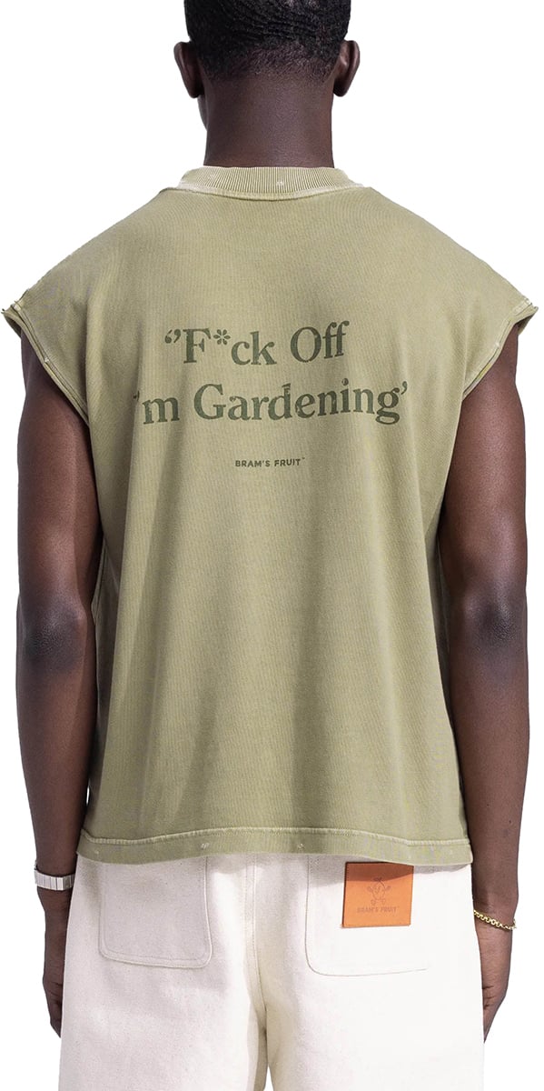 Bram's Fruit “F*ck Off I'm Gardening” Sleeveless T-Shirt Distressed - Olive Green Groen