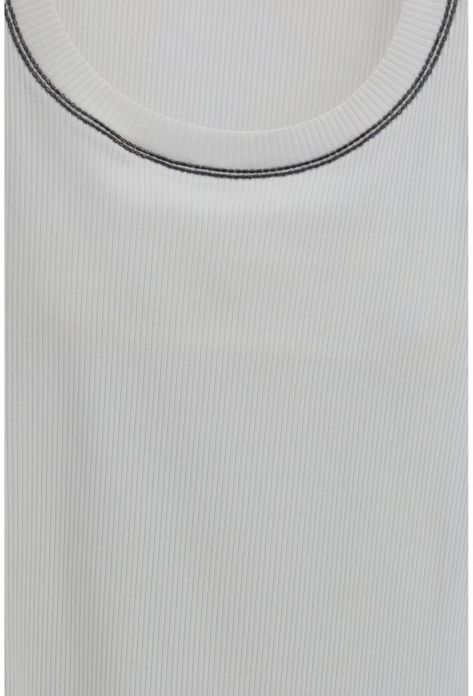 Brunello Cucinelli White Cotton Sleeveles T-Shirt Wit