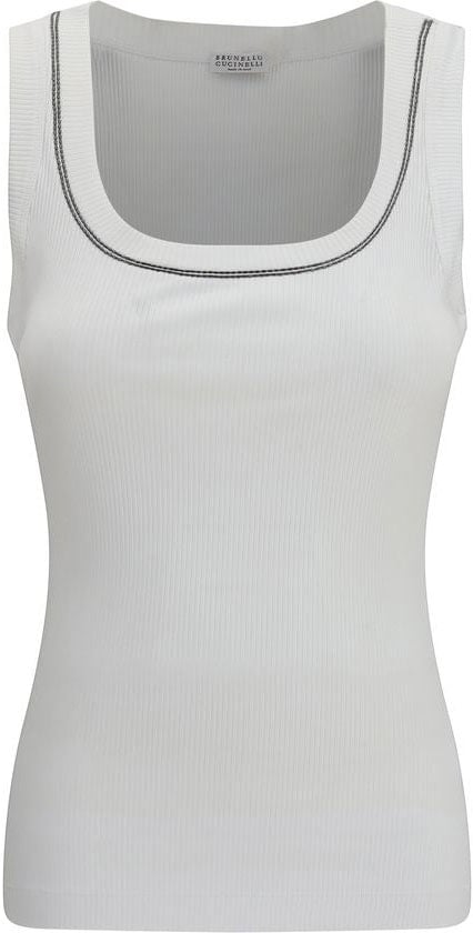 Brunello Cucinelli White Cotton Sleeveles T-Shirt Wit