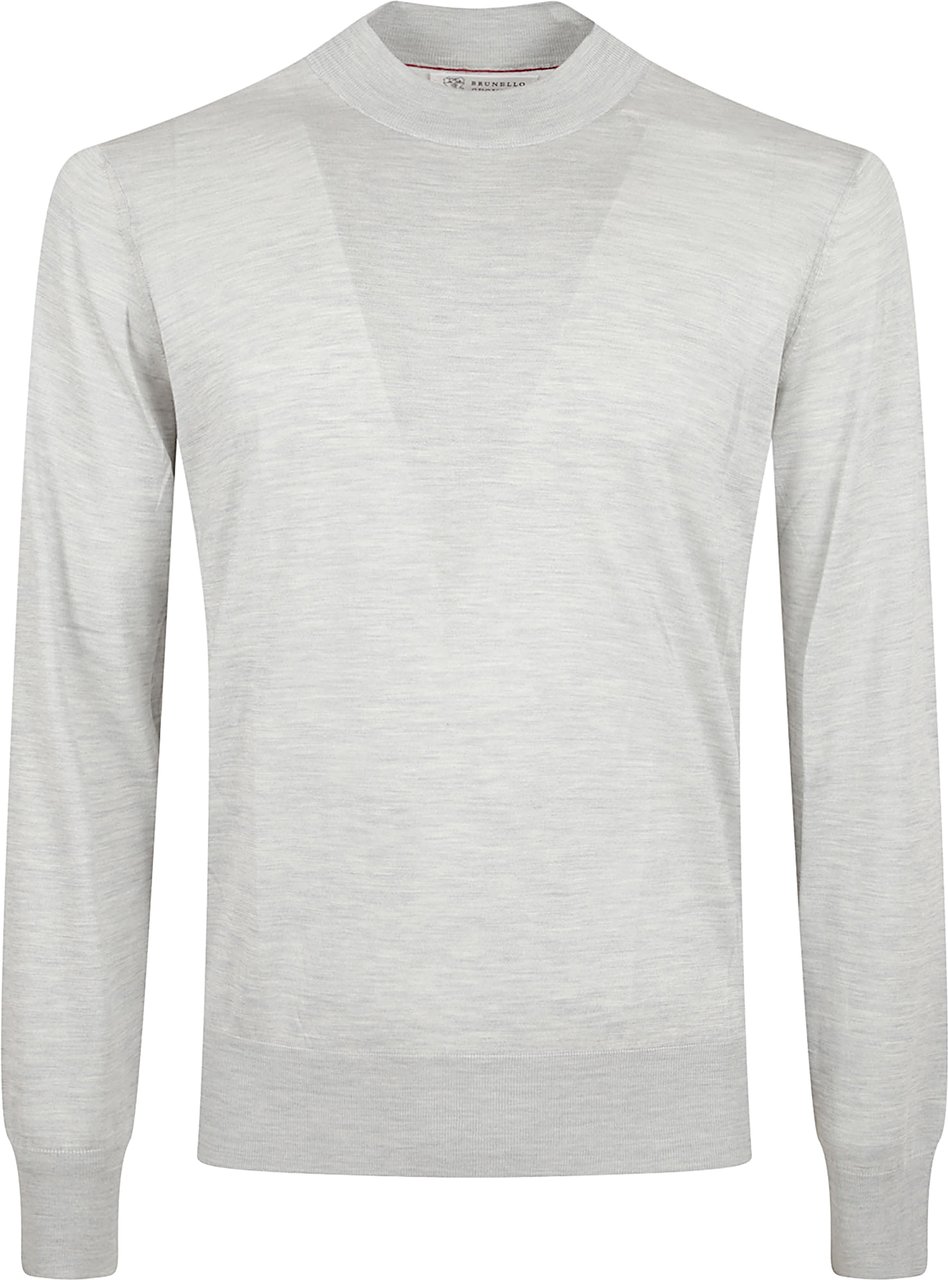 Brunello Cucinelli Crew Neck Lightweight Sweater In Sumptuous Silk-Cotton Blend Wit