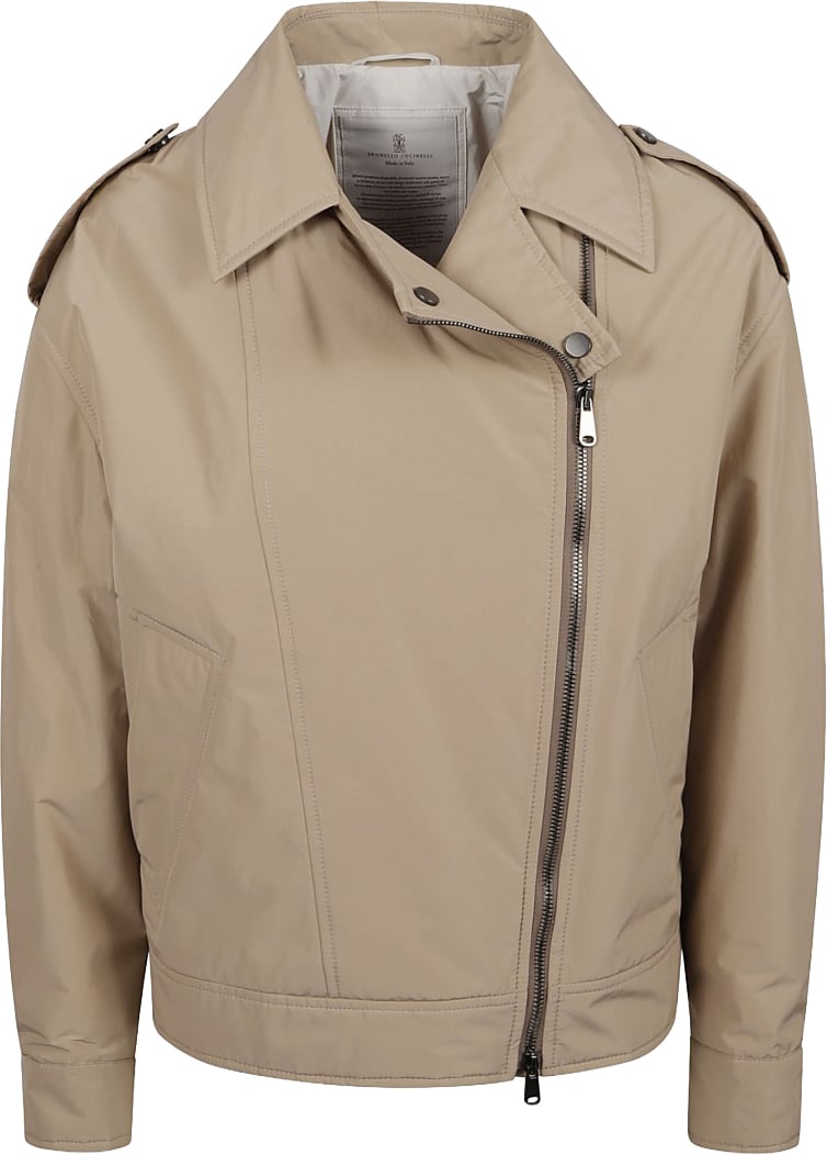 Brunello Cucinelli Cropped Jacket With Diagonal Zipper Neutraal