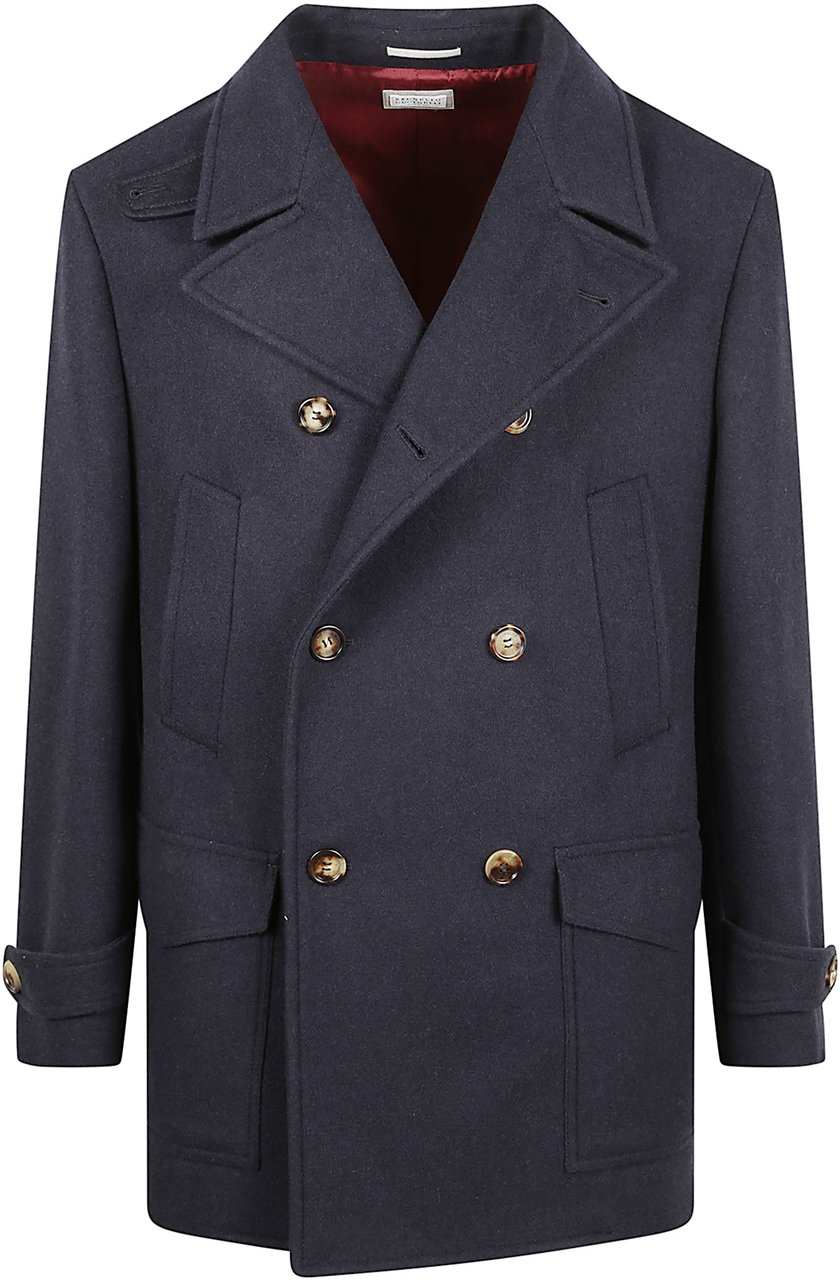 Brunello Cucinelli Short Double-Breasted Coat In Soft Wool Zwart
