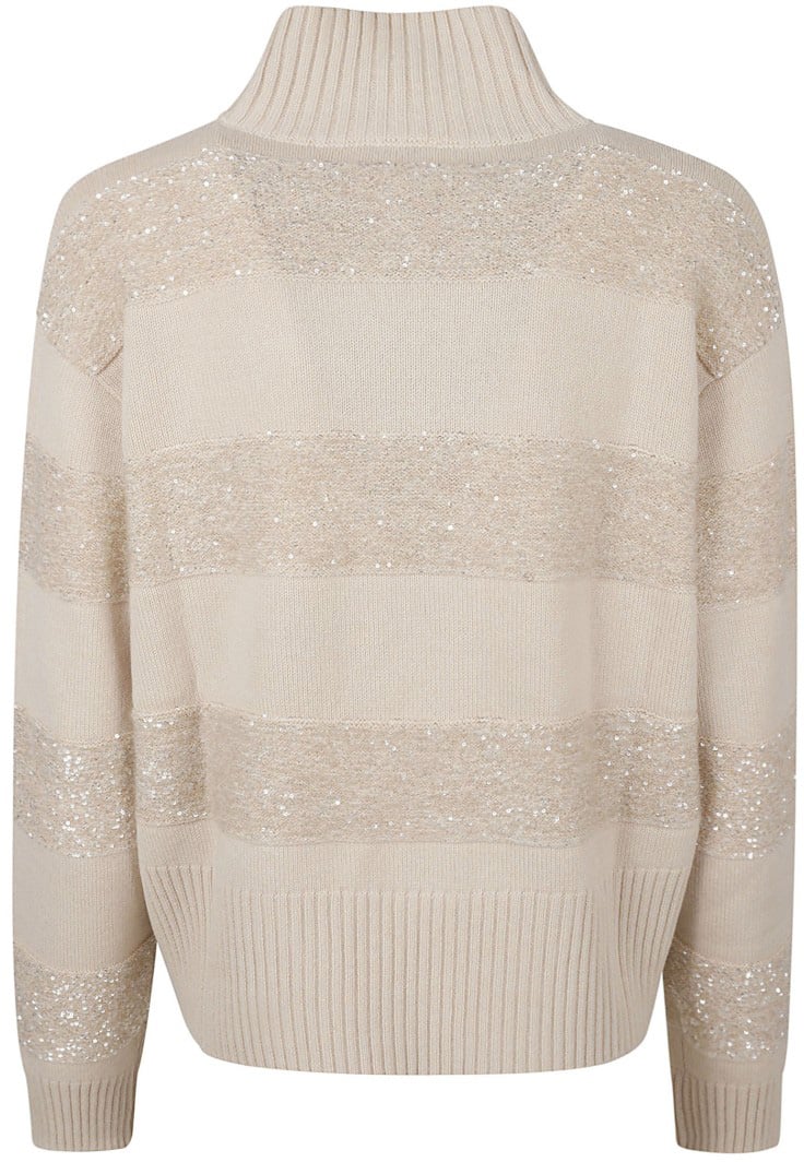 Brunello Cucinelli High-Neck Knit Sweater With Textured Stripes Neutraal