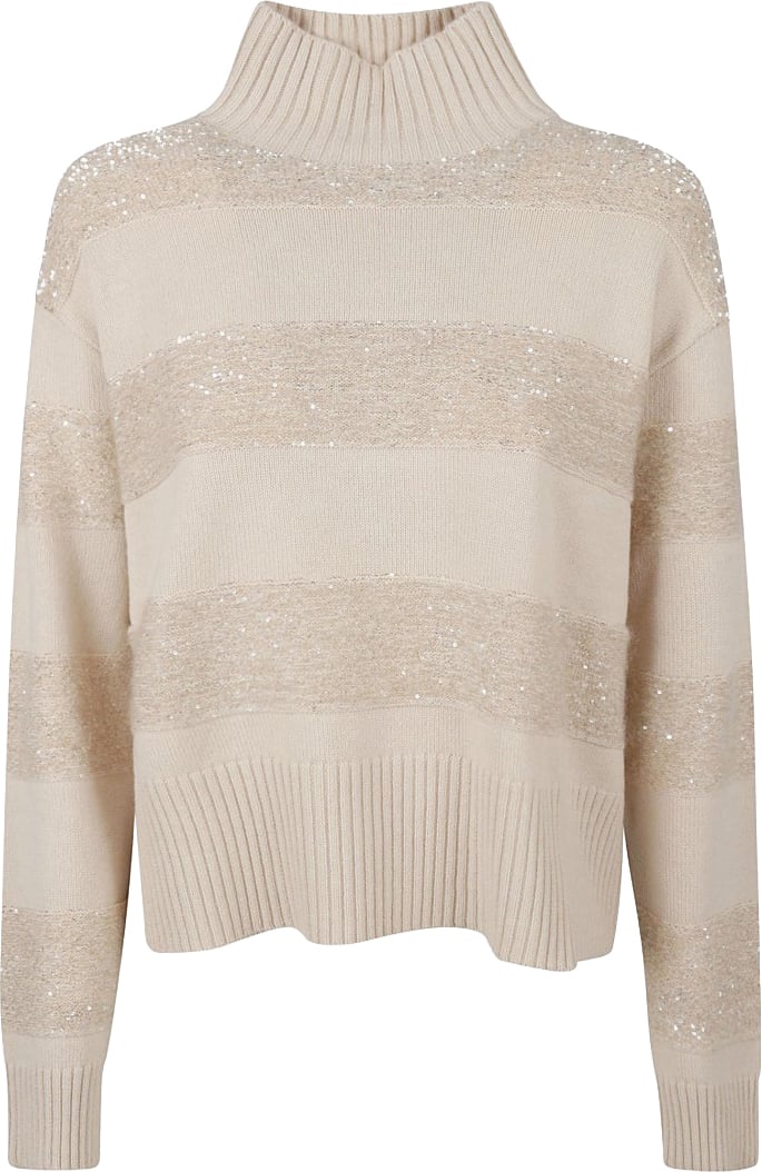 Brunello Cucinelli High-Neck Knit Sweater With Textured Stripes Neutraal