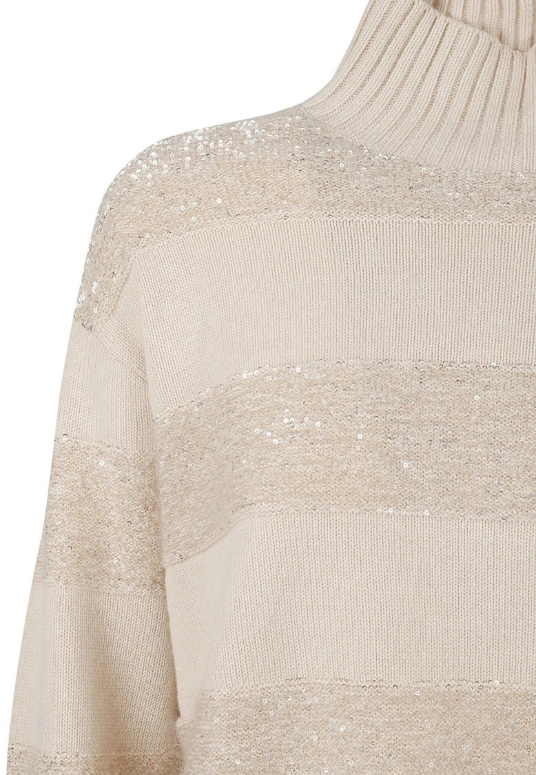 Brunello Cucinelli High-Neck Knit Sweater With Textured Stripes Neutraal