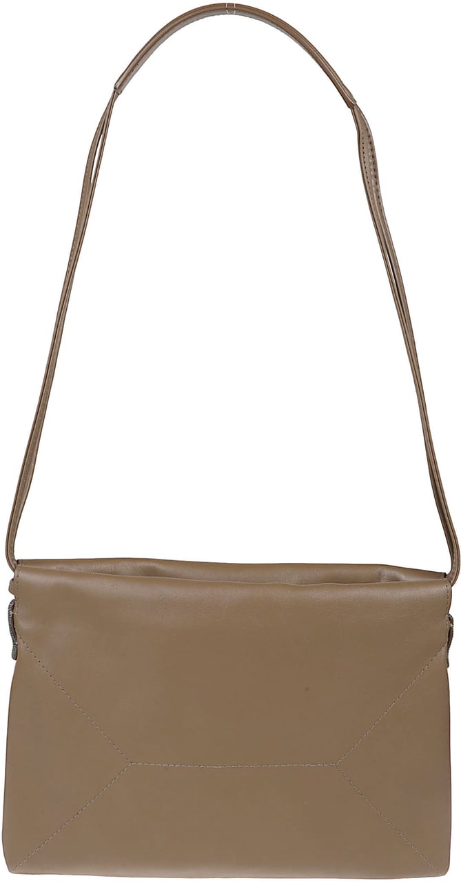 Brunello Cucinelli Rectangular Leather Bag With Drawstring Closure Bruin