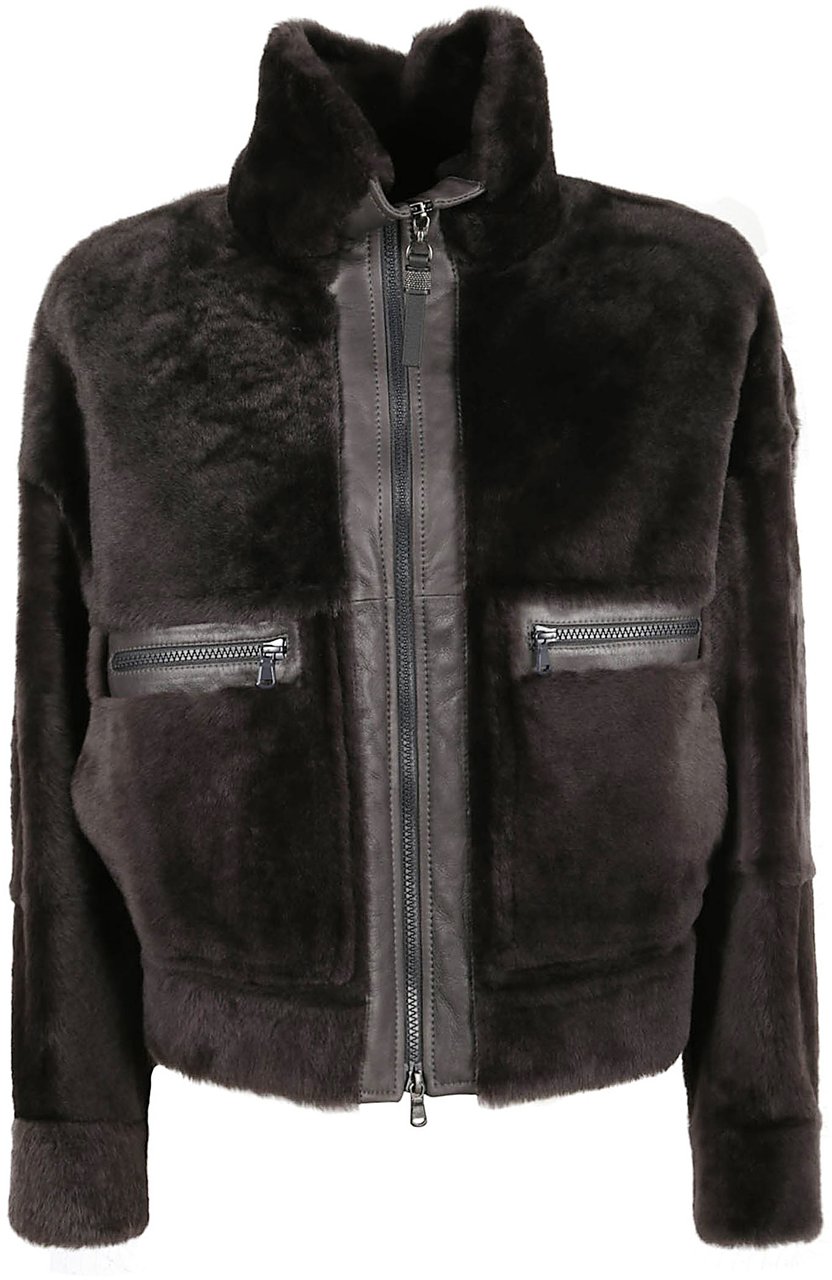 Brunello Cucinelli Shearling Jacket With High Neck Zwart