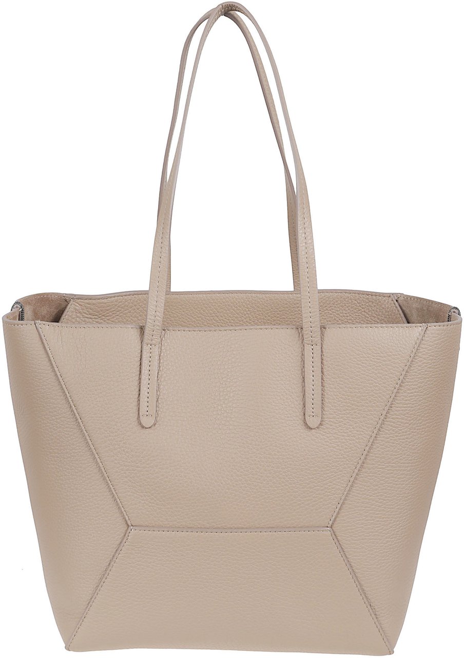 Brunello Cucinelli Textured Leather Tote Bag with Chain Detail and Logo Print Neutraal