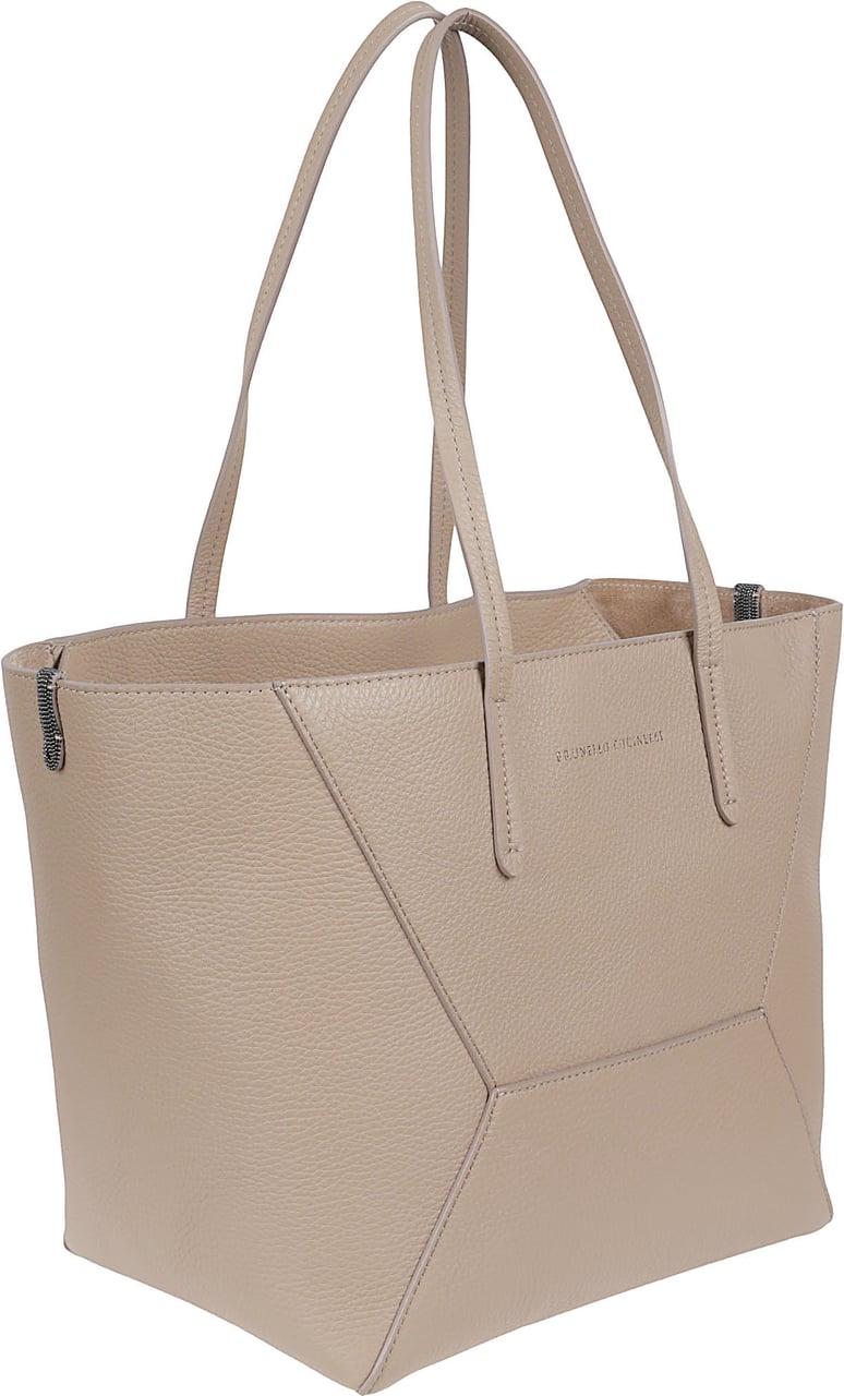 Brunello Cucinelli Textured Leather Tote Bag with Chain Detail and Logo Print Neutraal