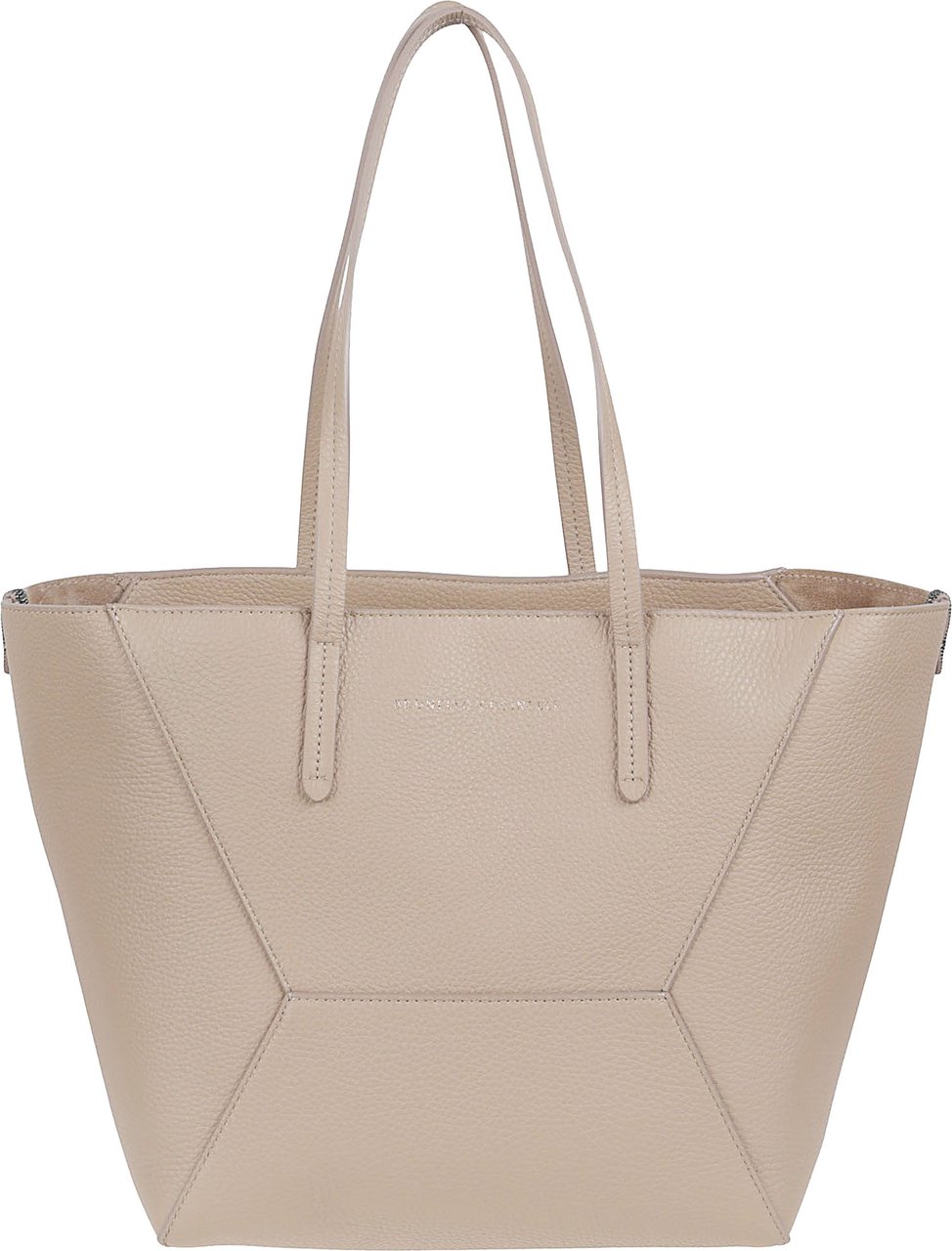 Brunello Cucinelli Textured Leather Tote Bag with Chain Detail and Logo Print Neutraal