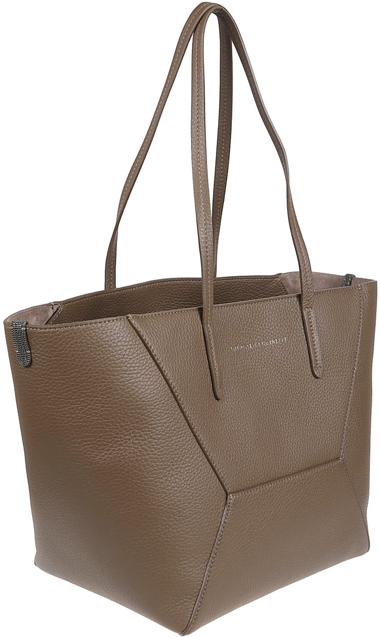 Brunello Cucinelli Geometric Panel Structured Tote Bag in Pebbled Leather Bruin