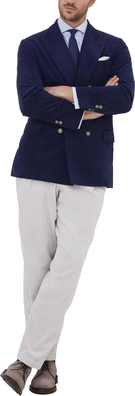 Brunello Cucinelli Double-Breasted Navy Blue Corduroy Blazer Zwart