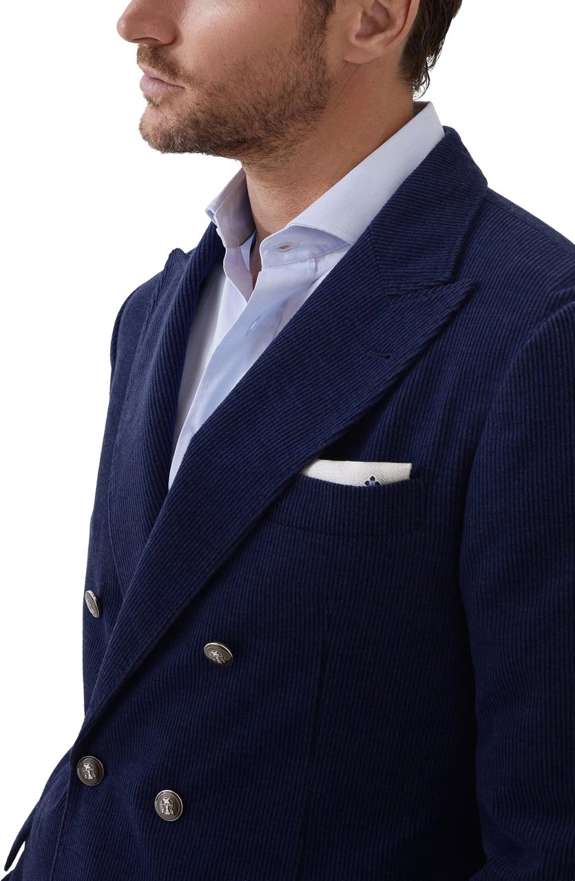 Brunello Cucinelli Double-Breasted Navy Blue Corduroy Blazer Zwart