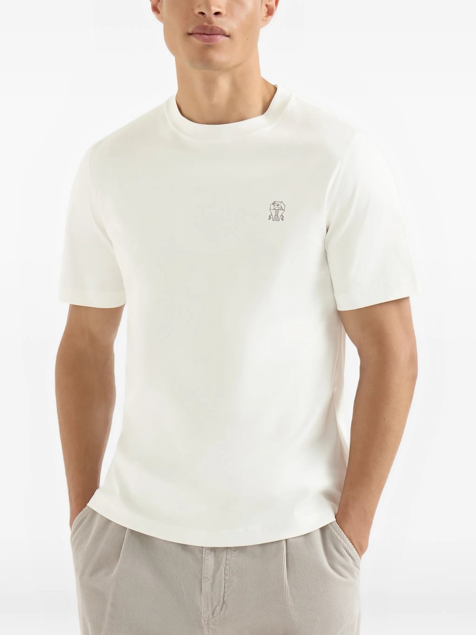Brunello Cucinelli Cotton Embroidered Logo Crewneck T-Shirt Wit