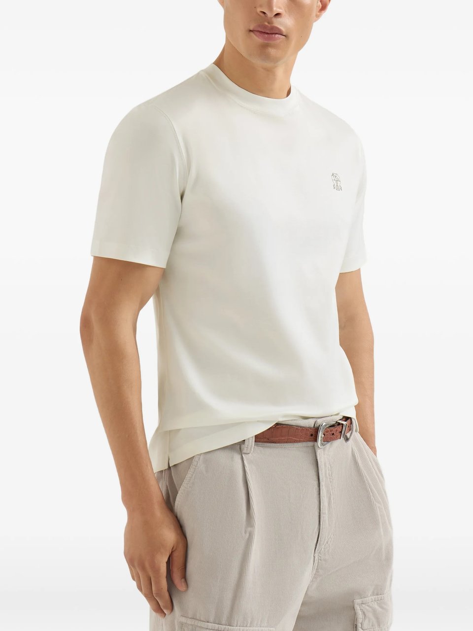 Brunello Cucinelli Cotton Embroidered Logo Crewneck T-Shirt Wit