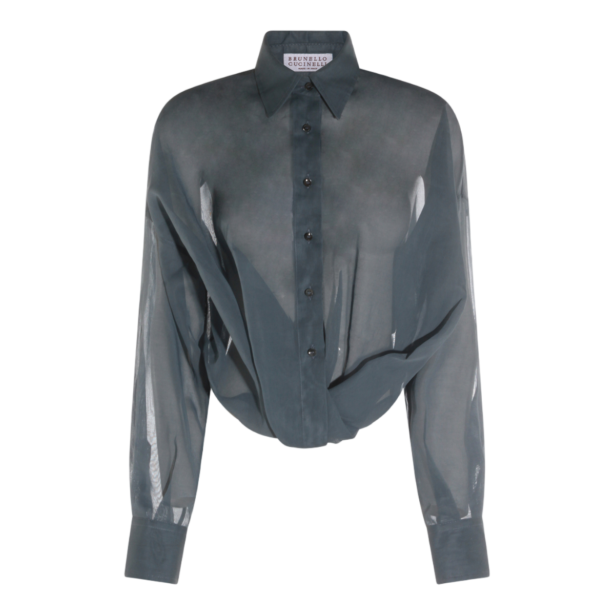 Brunello Cucinelli Sheer Translucent Grey Shirt with Classic Collar Grijs