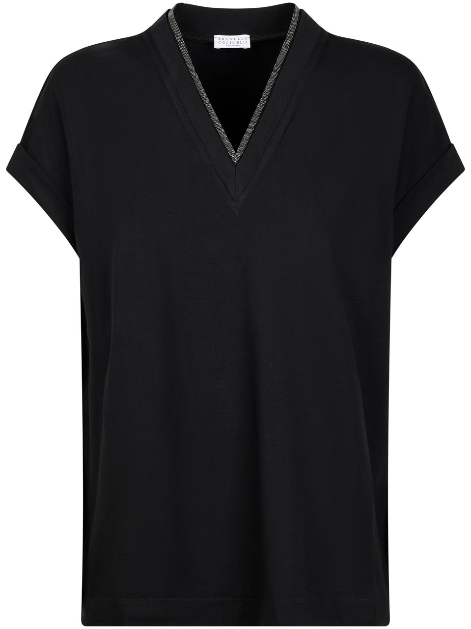 Brunello Cucinelli V-Neck T-Shirt with Relaxed Fit and Contrasting Trim Zwart