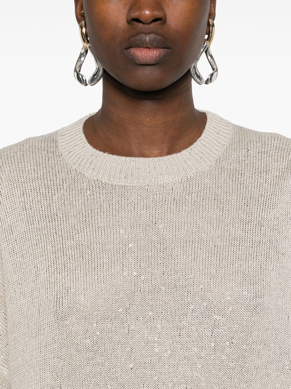 Brunello Cucinelli Beige All-Over Sequins Linen-Silk Sweater Wit