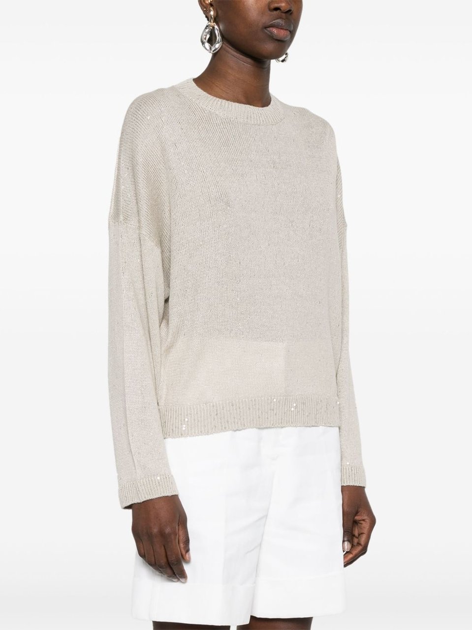 Brunello Cucinelli Beige All-Over Sequins Linen-Silk Sweater Wit