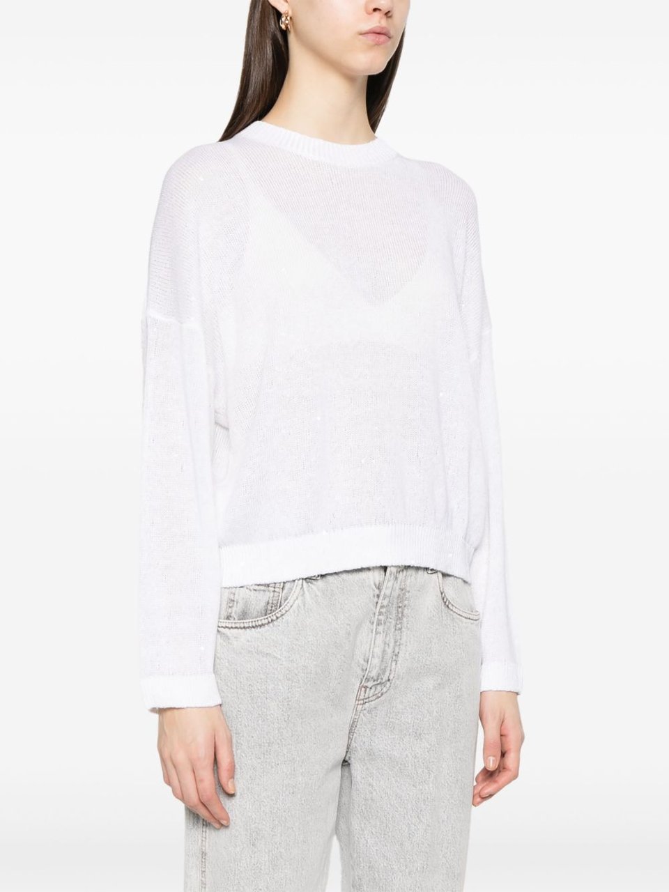 Brunello Cucinelli White Linen-Silk All-Over Sequins Sweater Wit