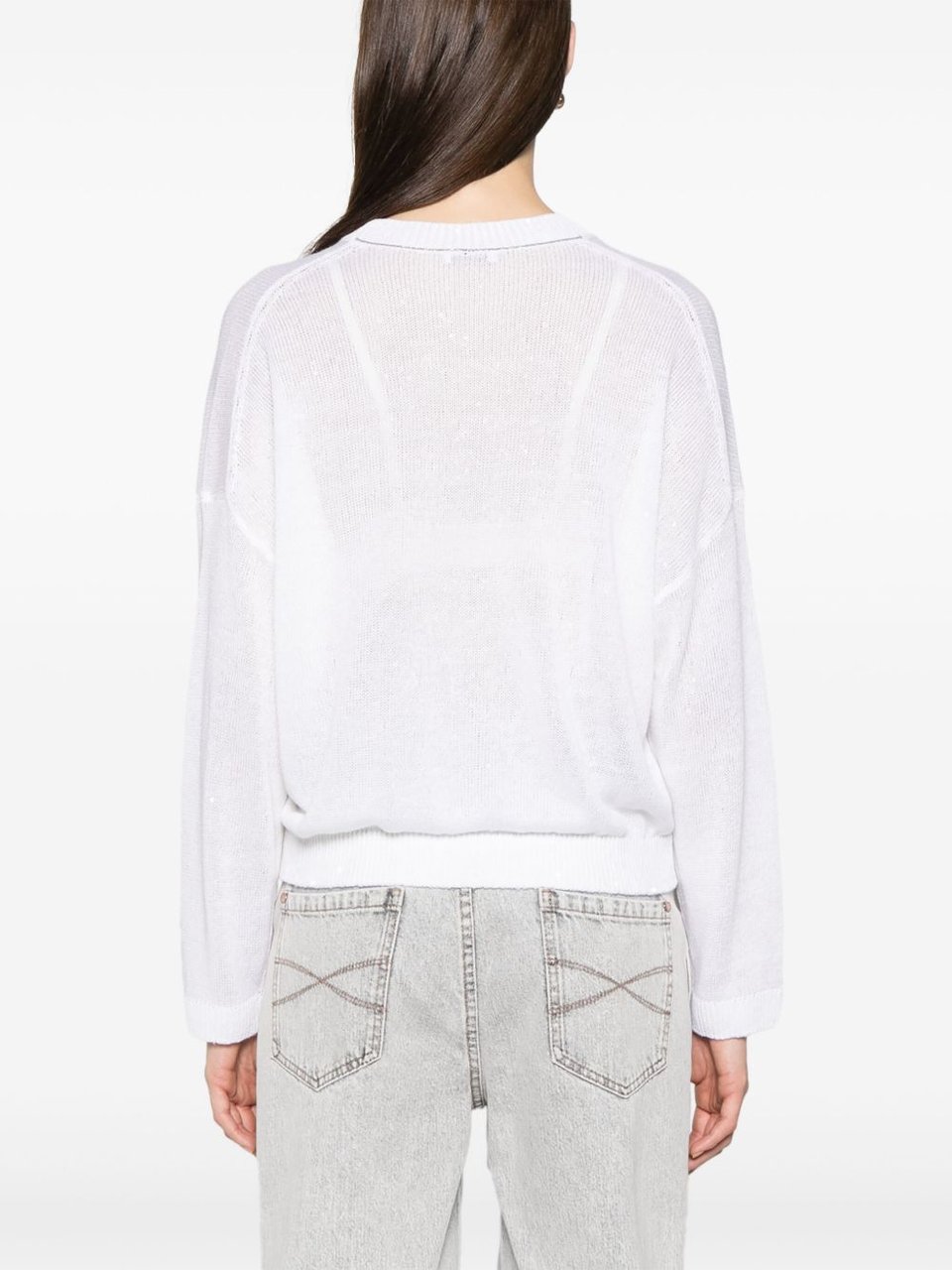 Brunello Cucinelli White Linen-Silk All-Over Sequins Sweater Wit