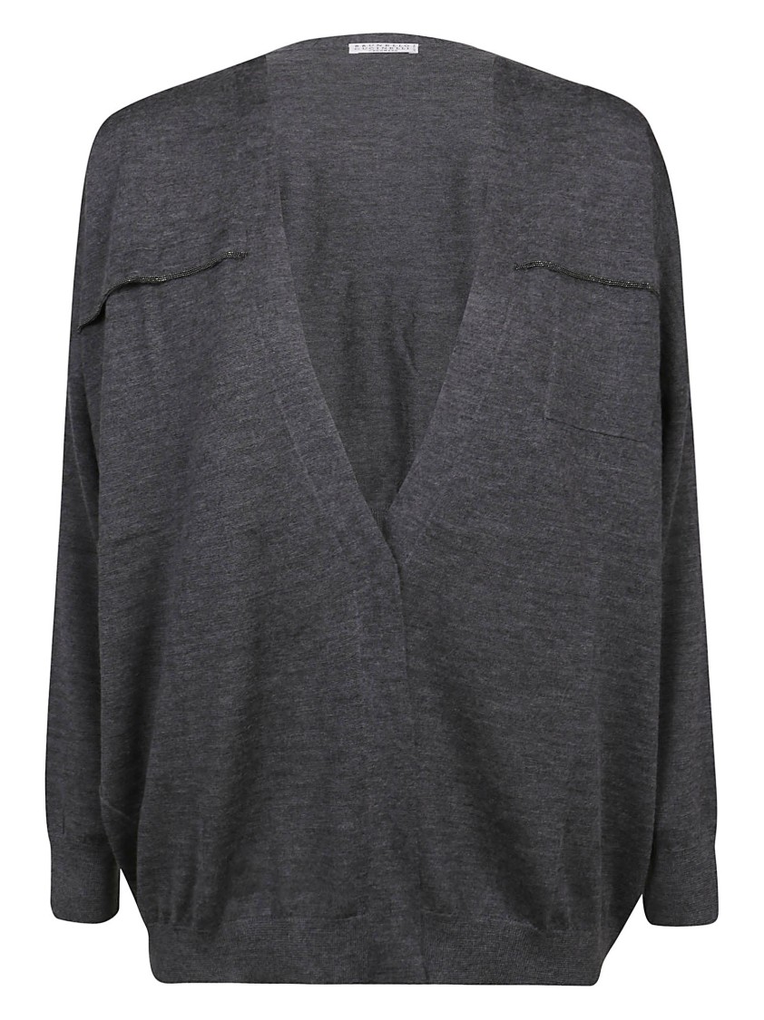 Brunello Cucinelli Relaxed Fit Deep V-Neck Sweater Grijs