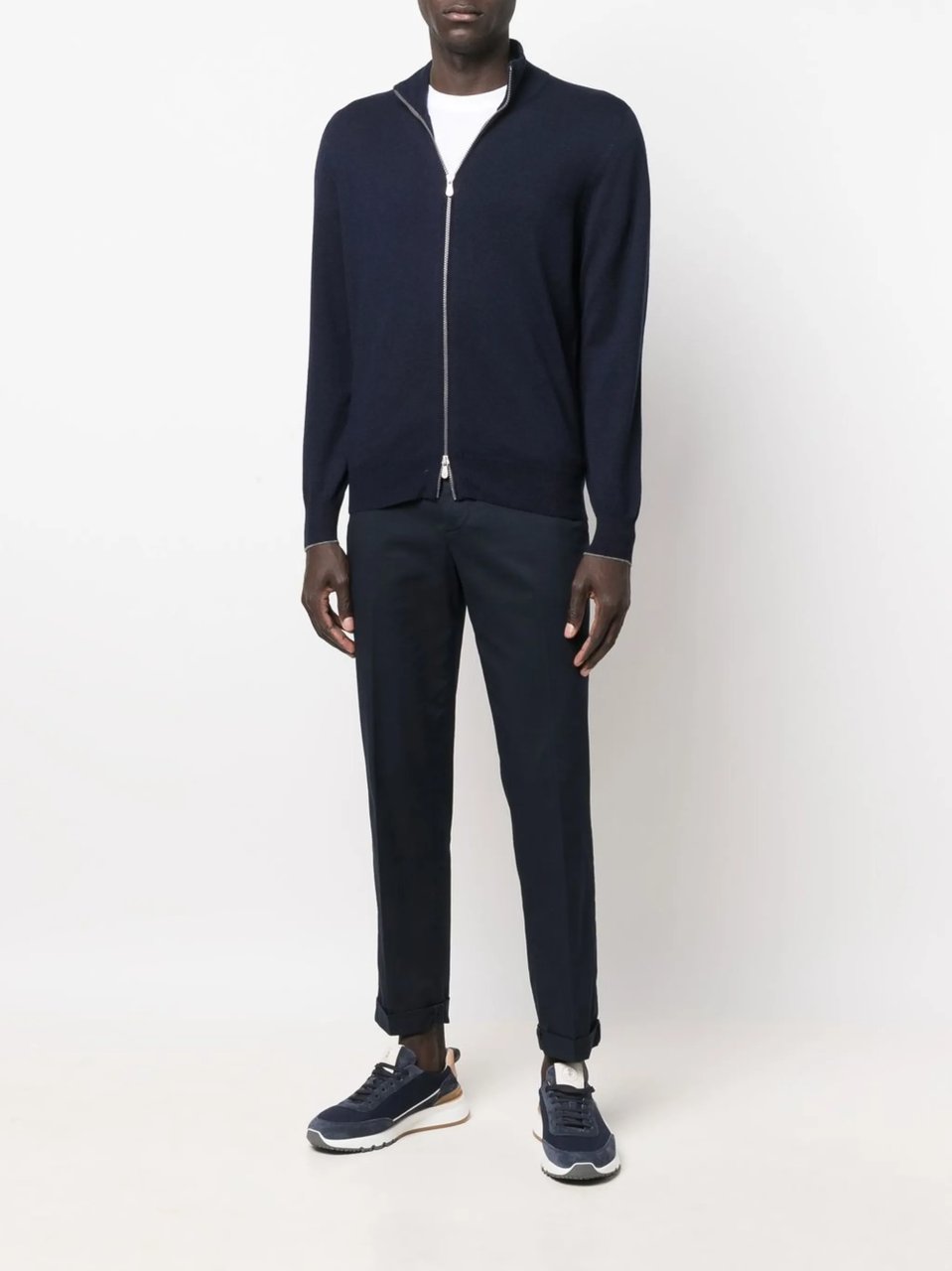 Brunello Cucinelli Deep Navy Cashmere High-Neck Cardigan Blauw