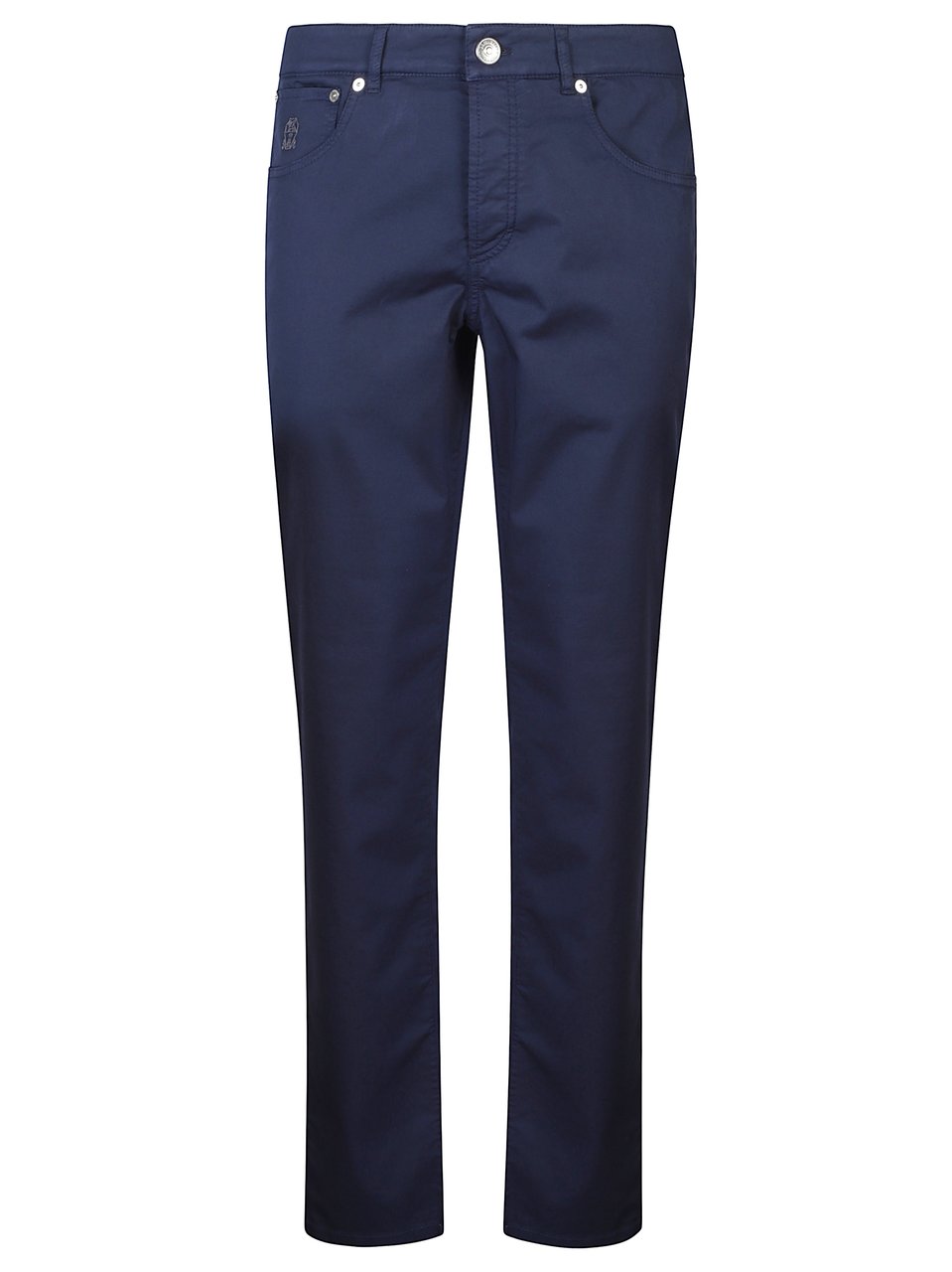 Brunello Cucinelli Blue Embroidered Logo Cotton Formal Pants Blauw