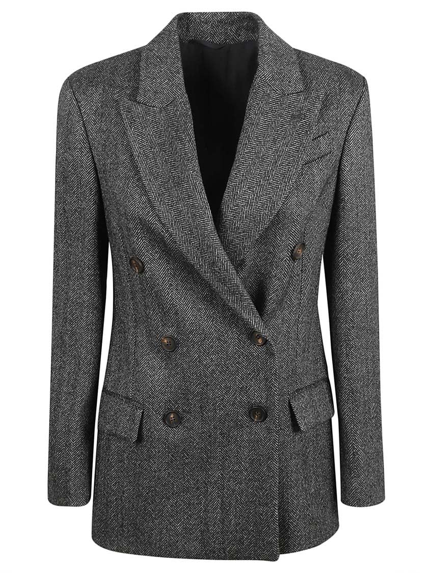 Brunello Cucinelli Double-Breasted Herringbone Tailored Jacket Grijs