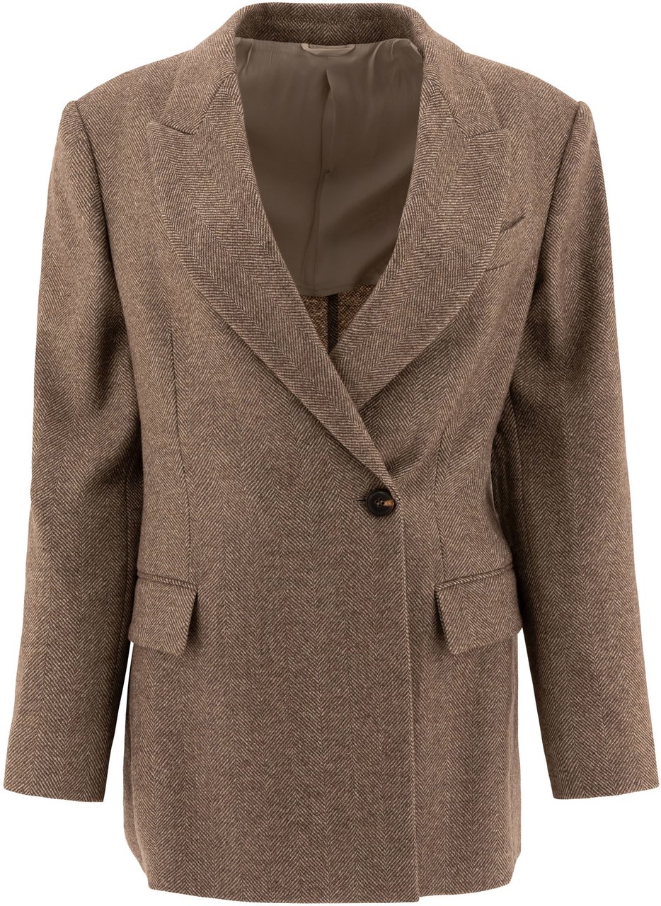Brunello Cucinelli Brushed techno wool chevron blazer with monili Bruin