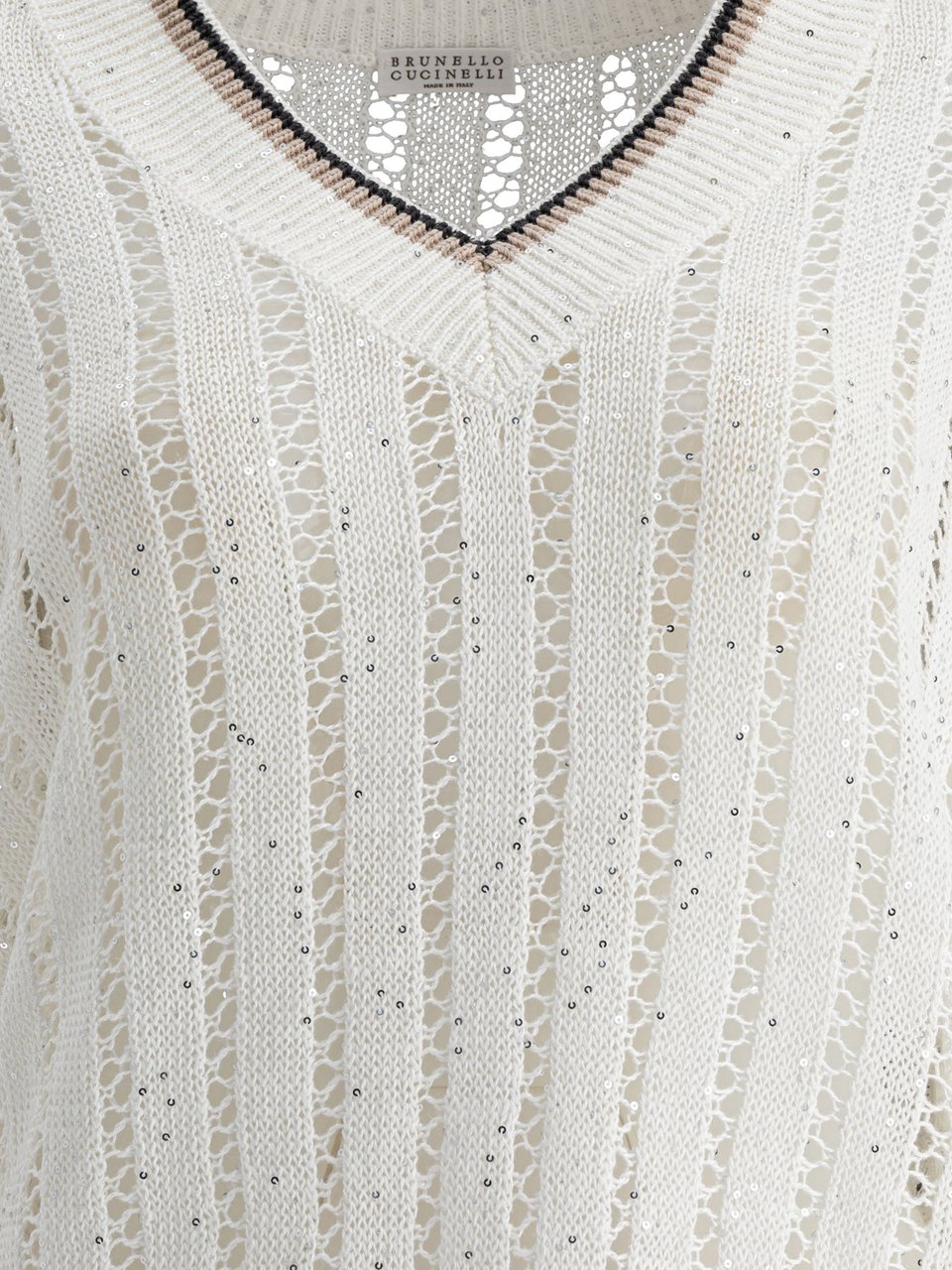 Brunello Cucinelli "Daxxling Ribbed Net" Sweater in Linen Wit