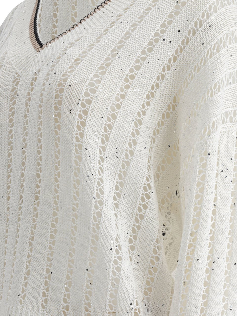 Brunello Cucinelli "Daxxling Ribbed Net" Sweater in Linen Wit