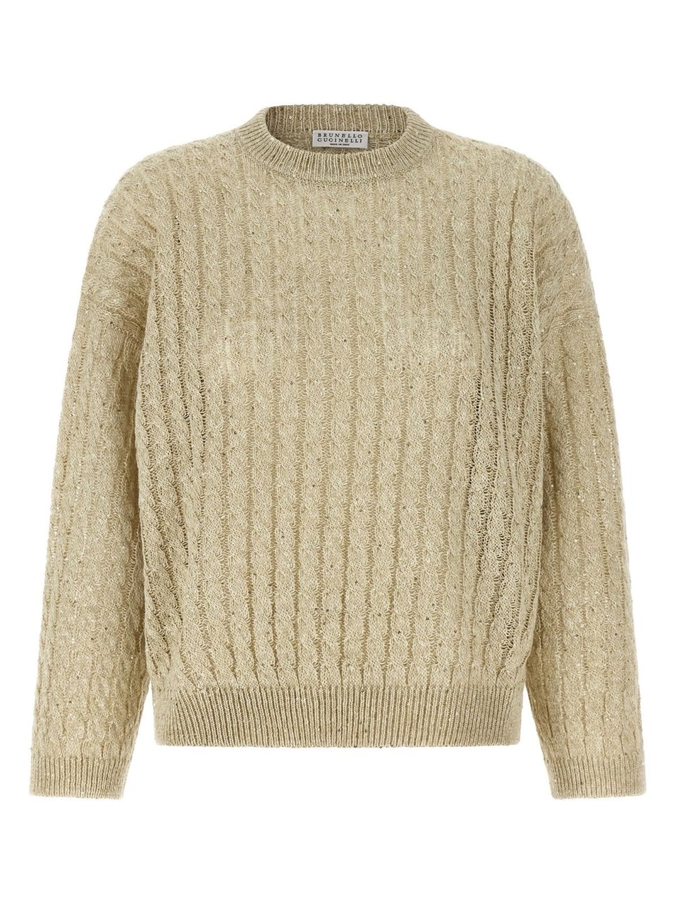 Brunello Cucinelli Beige Openwork Cable Knit Linen Sweater Neutraal